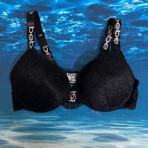 👙Elegant Black Lace 34c Bebe Bra  with Padded Cups, Adjustable Logo Straps